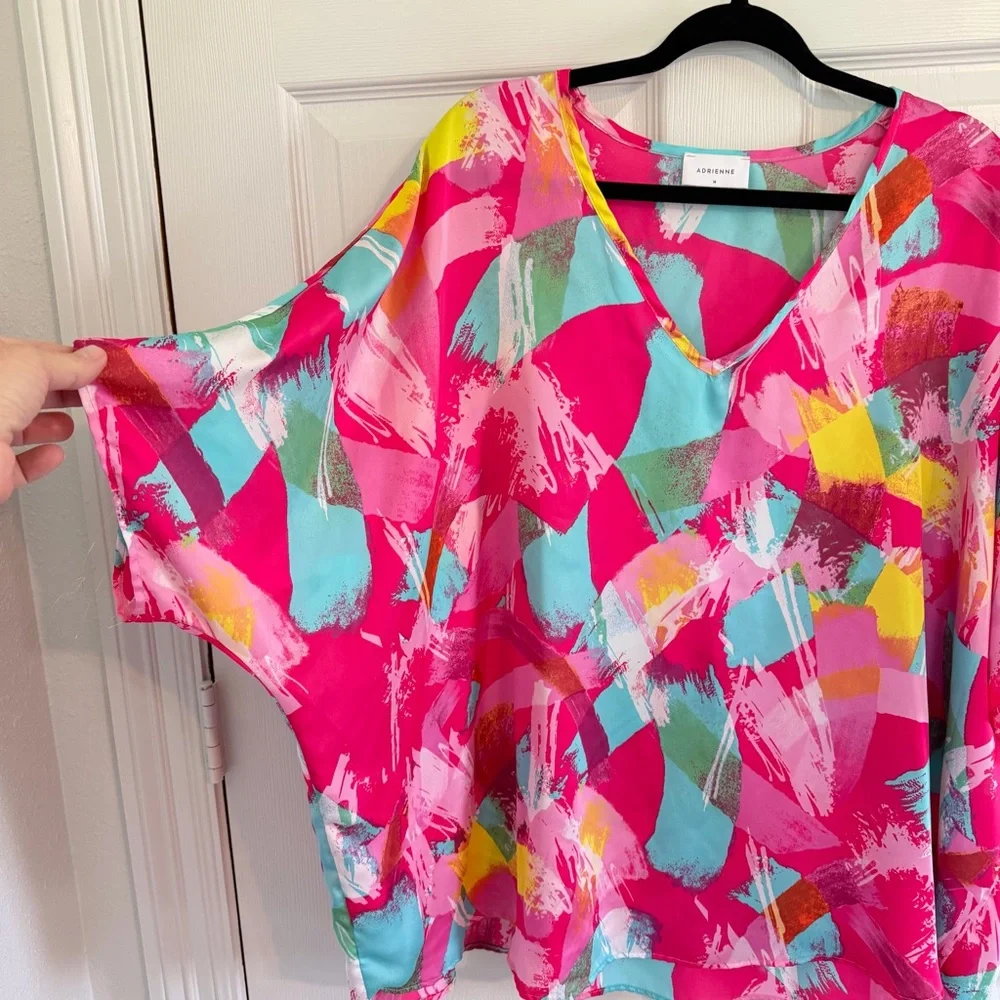 Adrienne Abstract Paint Print Dolman Sleeve Blouse Size M Bright Pink Teal - Picture 3 of 7